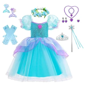 Halloween Kids Girl Fairy Mermaid Princess Eco friendly 100% Polyester TV Movie Lace Puff Ariel Cosplay Costume Party Dress