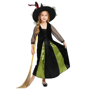 Halloween Kids Girls Witch Costumes Dress with Feather Hat Costume Party Outfit Evil Queen Dress up