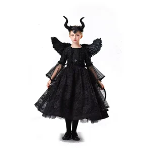 Halloween Masquerade Party Children’s Black Witch Cosplay Costumes Girl Movies Evil Fairy Witch Dress Costume