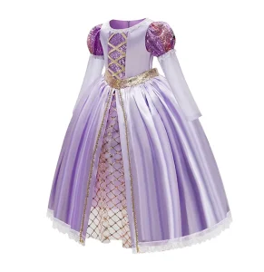 Halloween O-Neck Princess Performance Costume for Kids Full Set Floral Pattern Layered Dress with Long Hair Bow Accessory
