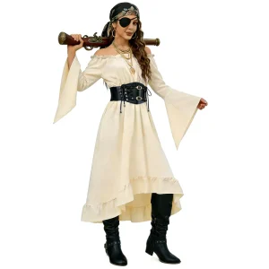 Halloween Pirate Cosplay Costume For Women Off Shoulder Bell Sleeve Renaissance Party Dress