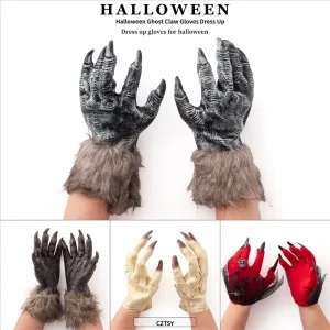 Halloween Plush Latex Ghost Claw Animal Gloves Set