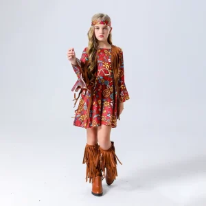 Halloween Role Play Party Girls Ethnic Style Floral Print Dress Cosplay Costume with Headband