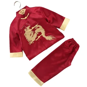 Halloween Satin Embroidery Dragon Traditional Chinese Hanfu Kung Fu Outfit Tang Suit Boys Costume Top CTCB 001