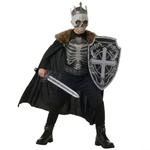Halloween Skeleton Knight Cosplay Costume Medieval Renaissance Dark Cloak Mask Sword Shield Set for Boys