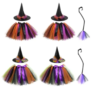 Halloween Sorceress Costume for Girls with Witch Skirt, Hat and Broom