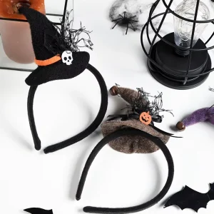 Halloween Spider Web Witch Hat Headband with Skull, Purple Black Lace Hair Accessory