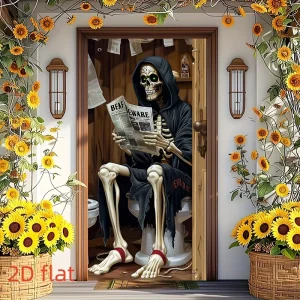 Halloween Spooky Skeleton Door Banner, 5.9 x 2.9 ft, Polyester, Foldable, Weather Resistant
