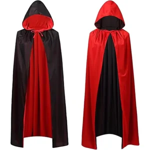 Halloween Stand Collar Hooded Reversible Cloak Masquerade Cape Costume Black And Red For Kids And Adults