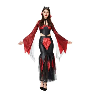 Halloween Vampire Queen Costume Women Gothic Red Black Polyester Long Dress Cosplay Party Stage Outfit Baige