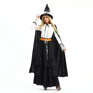 Halloween Witch Cosplay Costume Vintage Black and White Dress with Cape and Witch Hat Gothic Lace Cuff