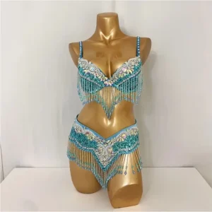 Hand Beaded Belly Dance Samba Costumes Bra Belt 2pcs for Belly Dancer Stage Performance Wear Halloween EDC Rave Mardi Gras