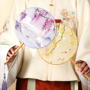 Handmade Chinese Round Silk Fan with Tassel, Floral Semi-Transparent Design for Hanfu and Dance