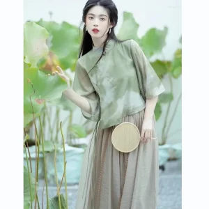 Hanfu Vintage 2-Piece Stage Wear Set with Stand Collar and Ink Print Dress