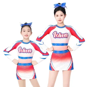 High Quality Gladiator Skirt Cheer Uniforms Youth Red Blue White Sublimation Polyester With Rhinestones Cheerleading Uniforms