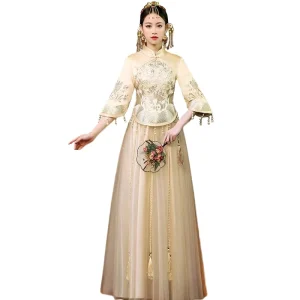 High Quality Gold Chinese Custom Made Traditional Embroidered Outfits Lace Wedding Dress
