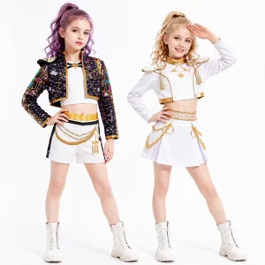 High Quality Kids Kpop Dance Costume Girls Uniform with Gold Trim Anime Style Outfit for Stage Performance Halloween