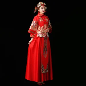 High Quality Red Chinese Custom Made Long Sleeve Traditional Embroidered Wedding Dress