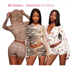 High Quality Women Y2K 2 Piece Set Zebra Print Thumbhole Hoodie and Booty Shorts Tracksuit Sexy Bodycon Clubbing Rave Outfits