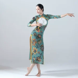 High Slit Back Elegant Hollow Lapel Hot Gold Classical Performance Summer Ice Silk Hemp Cheongsam Dance Dress