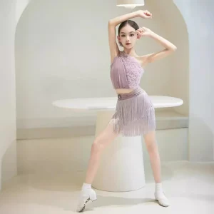 High Stretch Purple Polyester Latin Dance Dress Stage Performance Costume Training Tassel Dancing Skirt for Adults