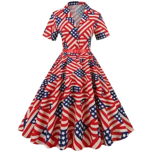 High Waist Casual Long Midi Dress Hepburn Style Elegant Women’s Halloween American Flag Print TV Movie Costu