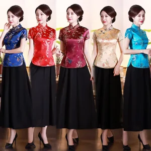 Improved Qipao Top and Skirt with Plum Blossom Pattern Slim Fit Retro Women Blouse Daily Wear Plus Size Mom Outfit Cheongsam