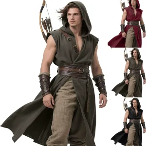 In Stock Renaissance Hooded Cloak Sleeveless Tunic Men’s Viking Costume Halloween Medieval Costume