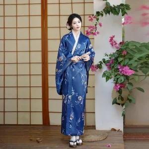 Japan Kimono Gown Performance Cosplay Costume Women Vintage Blue Kimonos Asian Style Sexy Yukata with Obi Printed Geisha Dresses