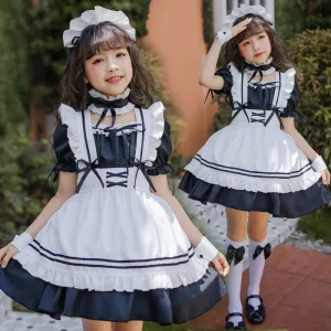 Japanese Lolita Maid Dress for Girls Black Gothic Princess Cosplay Party Dress Victorian Servant Costume