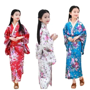 Japanese Traditional Floral Dress Kimono Robe for Kids Girls Adult Women Yukata Kimono Anime Cosplay Robe With Fan