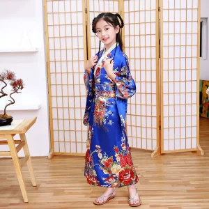 Japanese Traditional Kids Kimono Robe for Girls Yukata Halloween Anime Cosplay Costume Dress