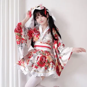 Japanese Traditional Kimono Women Yukata Set Summer Floral Print Cosplay Costume Formal Occasion Outfit