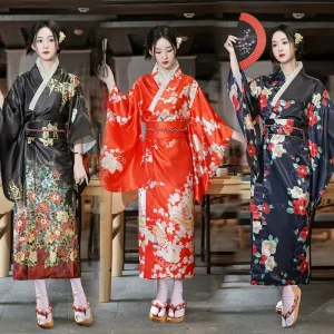 Japanese Traditional Yukata Kimono Obi Spandex Material Vintage Women Evening Dress Geisha Stage Show Costume Cosplay