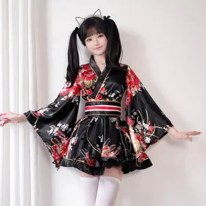 Japanese Traditional Yukata Kimono Women Summer Cotton Floral Print Cosplay Costume Festival Bathrobe Set