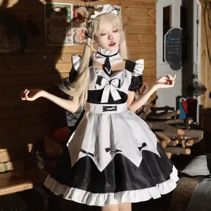 Japanese-style Maid Cosplay Dress Black and White Polyester Uniform Set 14 Years and Up