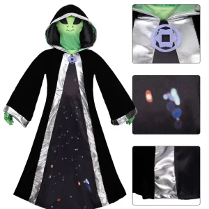 Kids Alien Monster Halloween Costume Set Green Mask Hooded Robe Galaxy Print Bell Sleeves