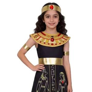 Kids’ Ancient Egyptian Black Cleopatra Dress with Gold Print Halloween Cosplay Outfit for Girls
