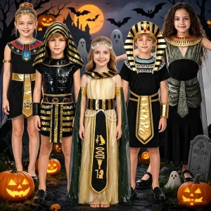 Kids Ancient Egyptian Halloween Costume Set with Pharaoh Headdress Tunic Dress Collar Belt and Cape