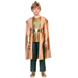 Kids Ancient Sea King Style Costume Set with Cape & Crown Golden Scale Printed Warrior Outfit for Halloween Theme Party Cosplay