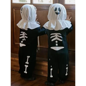Kids’ Bamboo Skull Skeleton Romper with Glow-in-the-Dark Design