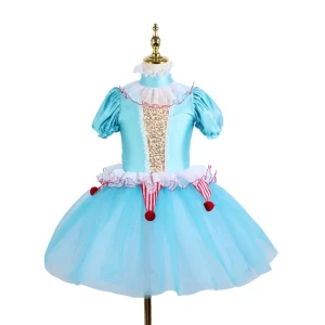 Kids Blue Clown Themed Ballet Tutu Dress Puff Sleeve Sequin Dance Costume with Pom Pom Details for Stage Performance Carnival