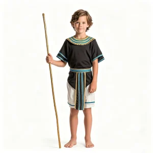 Kids Boys Ancient Egyptian Pharaoh Prince Costume Set with Golden Scepter, Black Gold