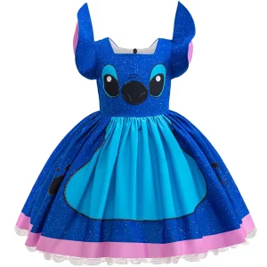 Kids Cartoon Alien Halloween Dress Costume Blue Monster Creature Ear Sleeve Girls Cosplay Party Role Play Sparkle Outfit