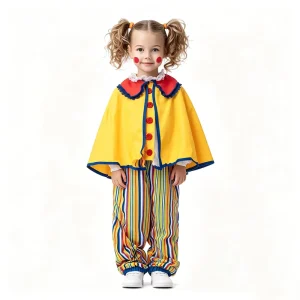 Kids Clown Costume for Girls with Yellow Cape and Striped Pants Set