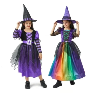 Kids’ Colorful Witch Costume Dress with Hat