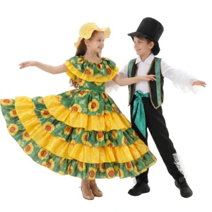 Kids European Retro Dance Costume Set Boys Girls Sunflower Print Ethnic Inspired Halloween Dress