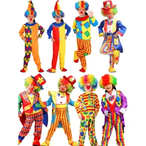 Kids Funny Clown Halloween Costume Set Colorful Jumpsuit Hat Wig Nose Glasses Circus Carnival Cosplay Party Role Play Outfit