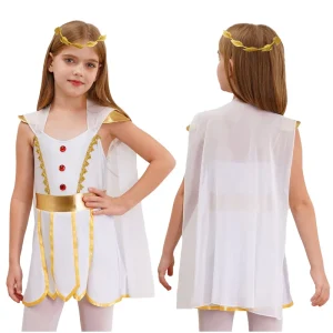 Kids Girls 6-16 Ancient Greek Princess Toga Cosplay Costume Set with Arm and Wreath Headwear