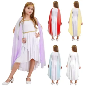 Kids Girls 6-16 Ancient Greek Princess Toga Costume Set with Wreath Headband for Dance and Cosplay